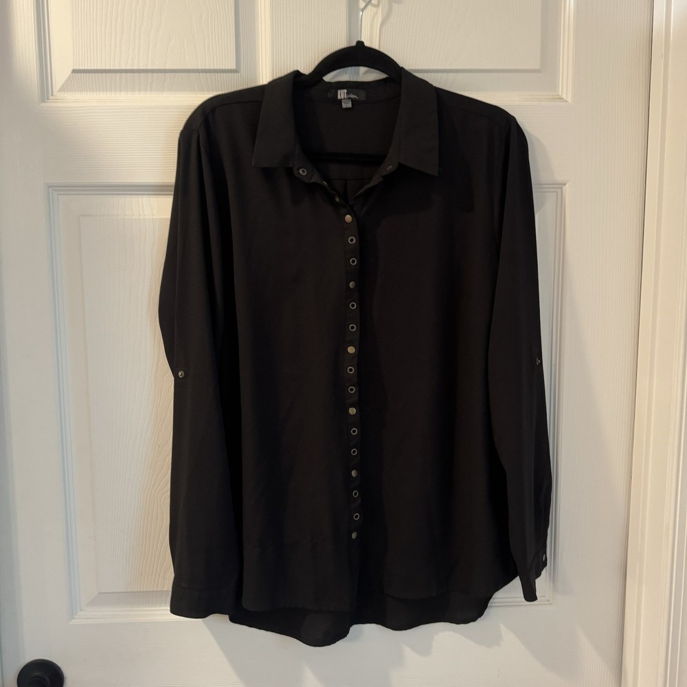 Kut From The Kloth Black Sheer Chiffon Blouse Top Shirt Women's L Snap Roll Tab